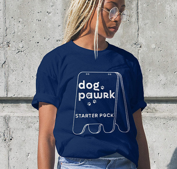 Black woman wearing a navy Dog Pawrk starter pack t-shirt